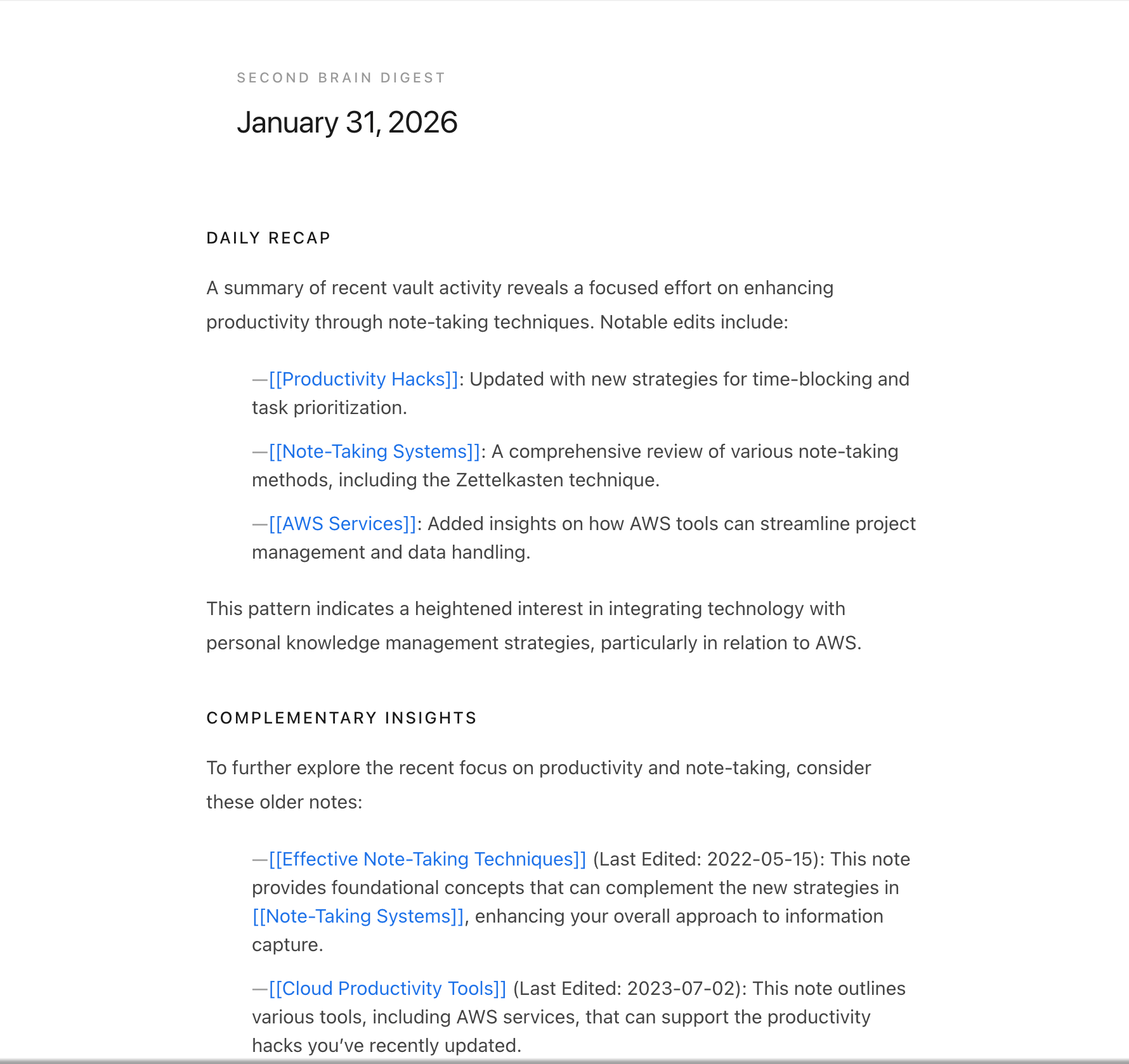 Second Brain Digest email as seen in a desktop email client