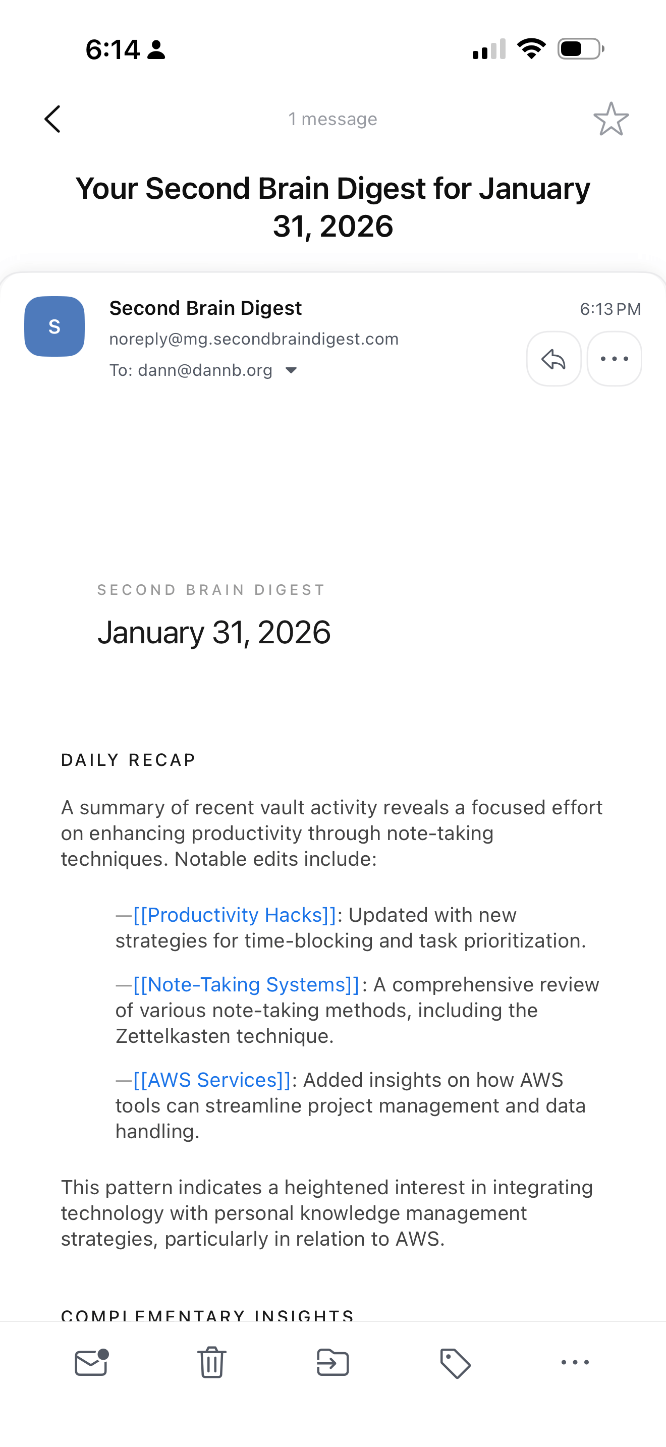 Second Brain Digest email on a mobile device